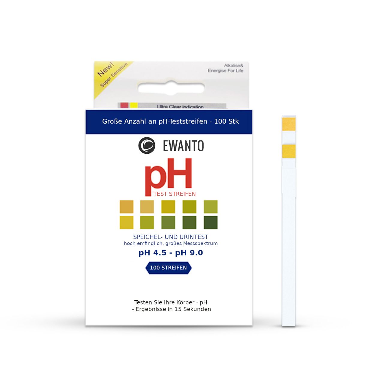 Top pH-Teststreifen Speichel- und Urintest pH 4,5 - pH 9,0 hoch empfindlich, 100 Streifen, Indikator-, Lackmuspapier Beschriftung in deutsch TS-1