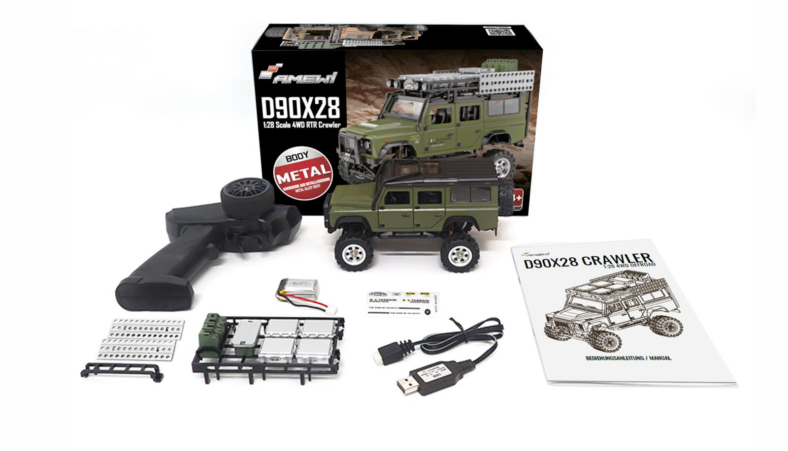 D90X28 Metall Scale Crawler 4WD 1:28 RTR grün D90X28 Metall Scale Crawler 4WD 1:28 RTR grün