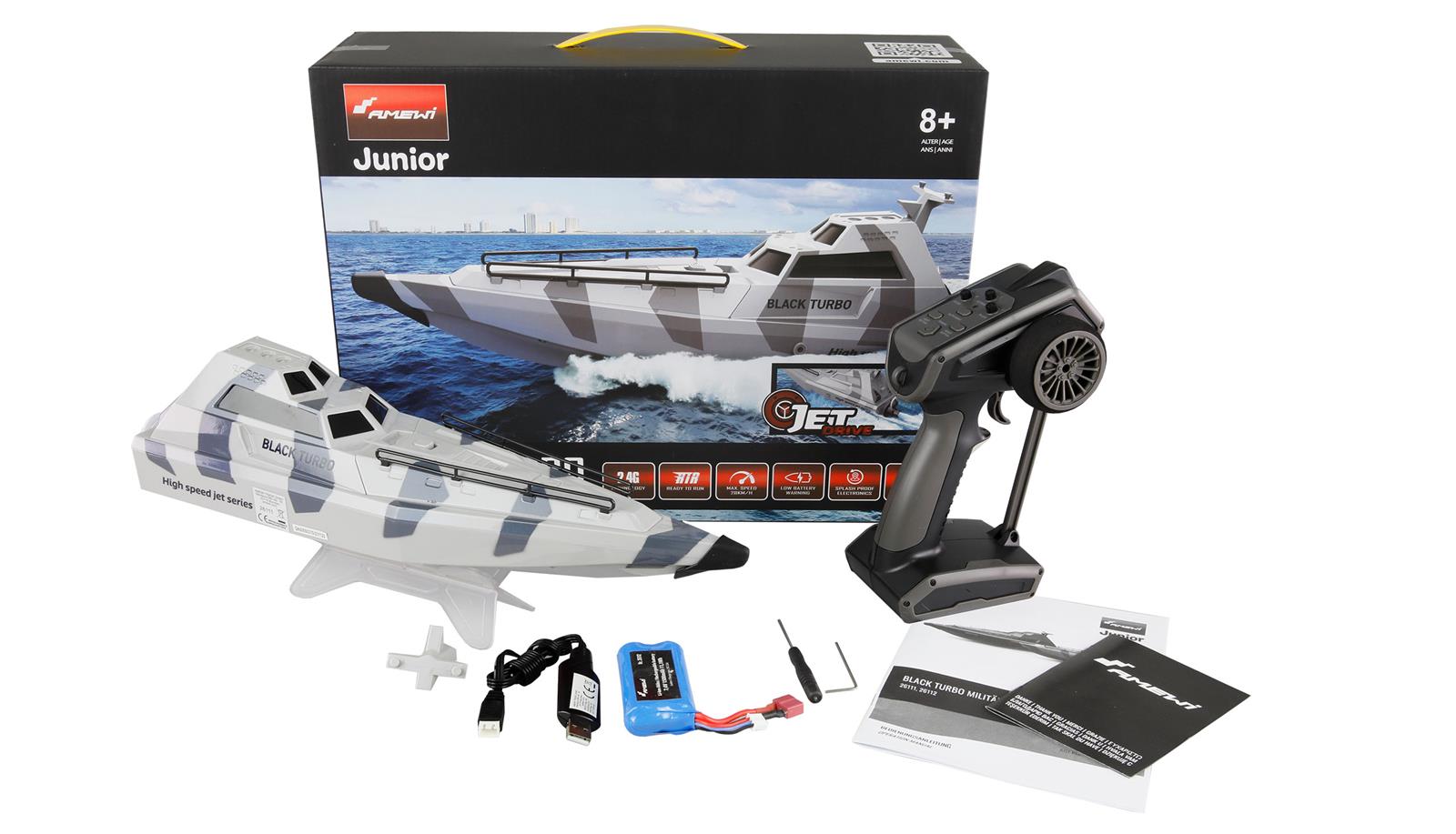 Black Turbo Militärboot mit Jetantrieb 420mm RTR camouflage-grau Black Turbo Militärboot mit Jetantrieb 420mm RTR camouflage-grau