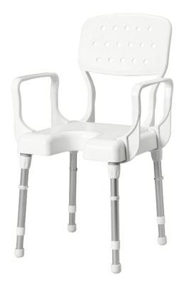 Duschstuhl NIZZA mit Armlehne -, Rückenlehne und Ausschnitt, weiß>>>> Duschstuhl NIZZA mit Armlehne -, Rückenlehne und Ausschnitt, weiß>>>>