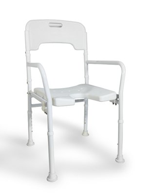 Duschstuhl mit Armlehnen und Ausschnitt, höhenverstellbar , faltbar, weiß>>>> Duschstuhl mit Armlehnen und Ausschnitt, höhenverstellbar , faltbar, weiß>>>>