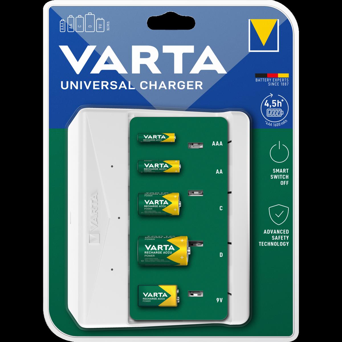 Mini Universal-Ladegerät VARTA, für AA/ AAA/ C/ D/ 9V Batterien, NiMH Akku Mini Universal-Ladegerät VARTA, für AA/ AAA/ C/ D/ 9V Batterien, NiMH Akku