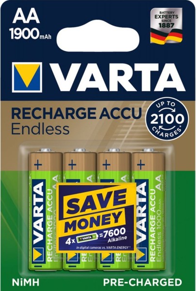 Varta 2x RECHARGE ACCU Endless AA 1900 mAh Akku NiMH 1,2V bis zu 2.100x wiederaufladbar Vorgeladen 4
