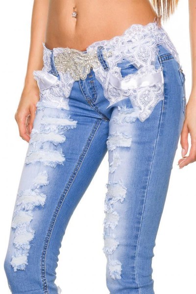 Capri-Jeans mit Spitze/Farbe:blau/weiß/Größe:34