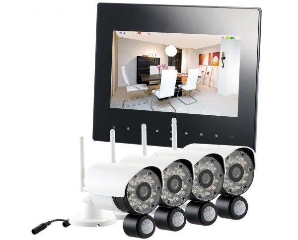 VisorTech DSC-720.mc Funk Überwachungs-Set mit 4 schwarz-weißen HD-IP-Kameras + Monitor