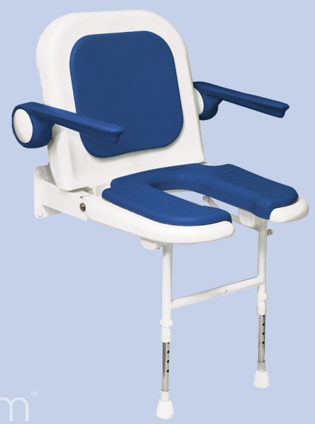 Duschklappsitz 4000 Blau mit Arm- und Rückenlehne, Ausschnitt für die Intimpflege