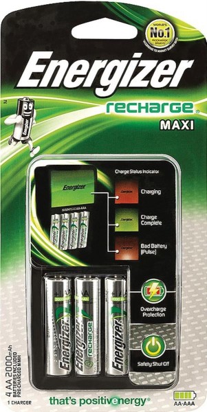 Energizer Maxi Ladegerät inklusive 4x AA 2000 mAh Akku Accu Recharge Maxi geeignet für AA & AAA NiMH
