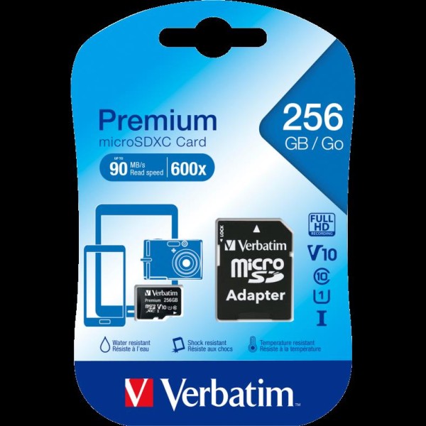 Micro SDHC Card Verbatim, 256GB Speicherkapazität, inkl. Adapter, Class 10