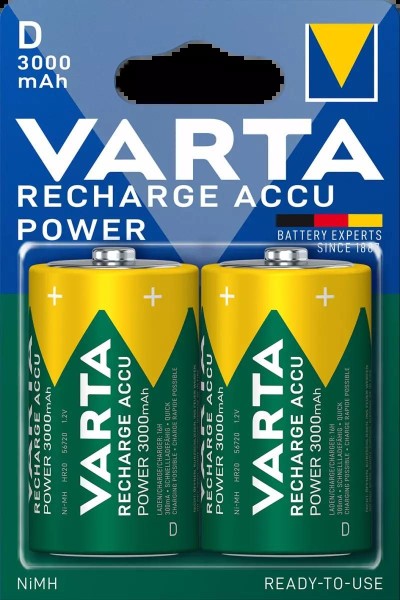 Varta Recharge Accu Power D 2er Blister Mono 3000 mAh 1,2 V NiMH wiederaufladbarer Akku HR20 Torcia