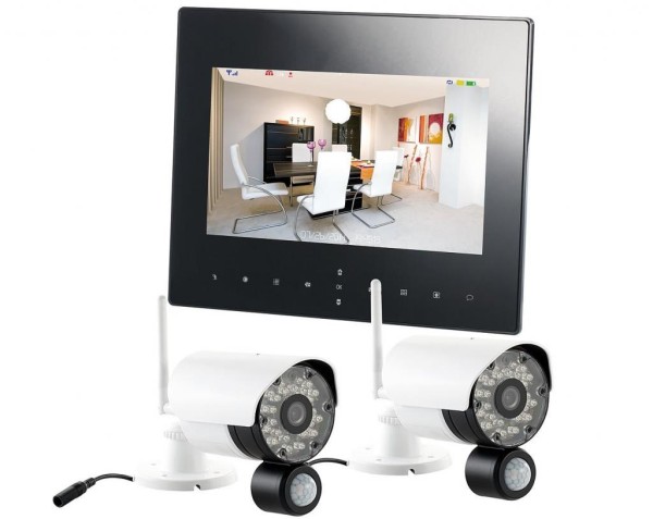VisorTech DSC-720.mc Funk Überwachungs-Set mit 2 schwarz-weißen HD-IP-Kameras + Monitor